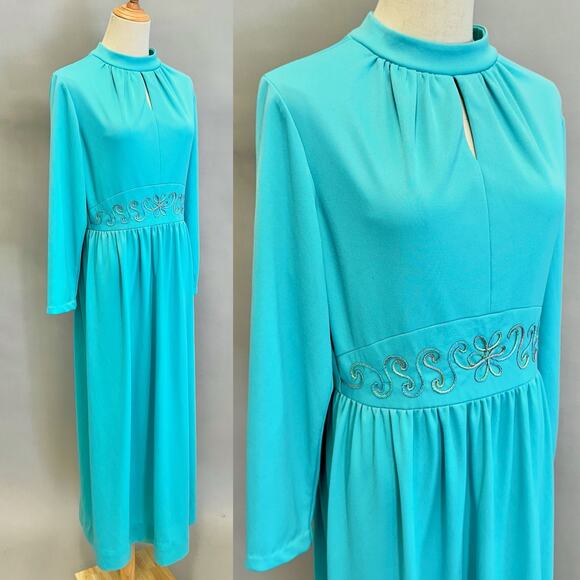 Vintage 60s/70s Turquoise Blue Keyhole Front Maxi Dress High Neck Size 18 - Picture 13 of 16